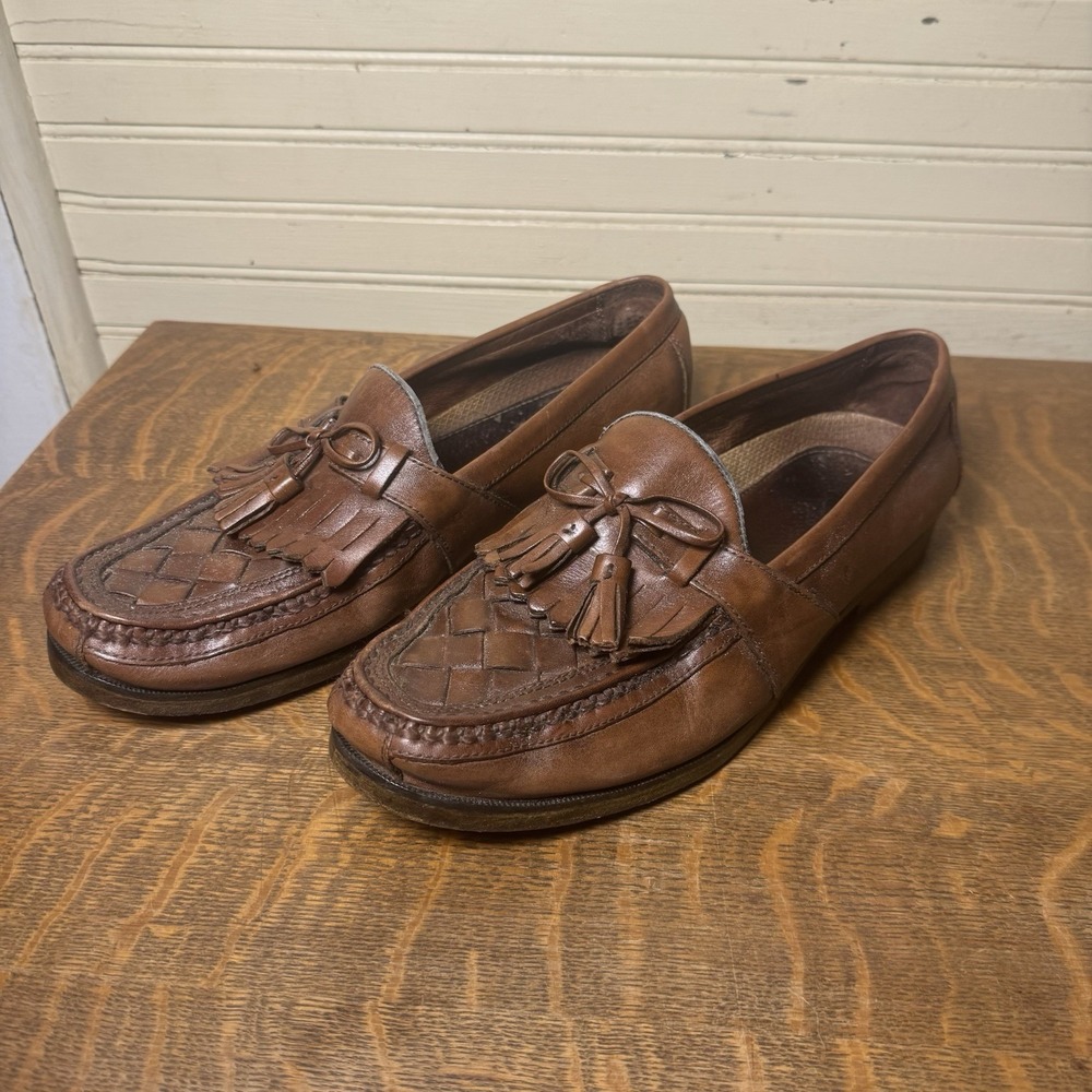 Johnston & Murphy Men's 9.5 M Brown Leather Tassel Kiltie Woven Loafers